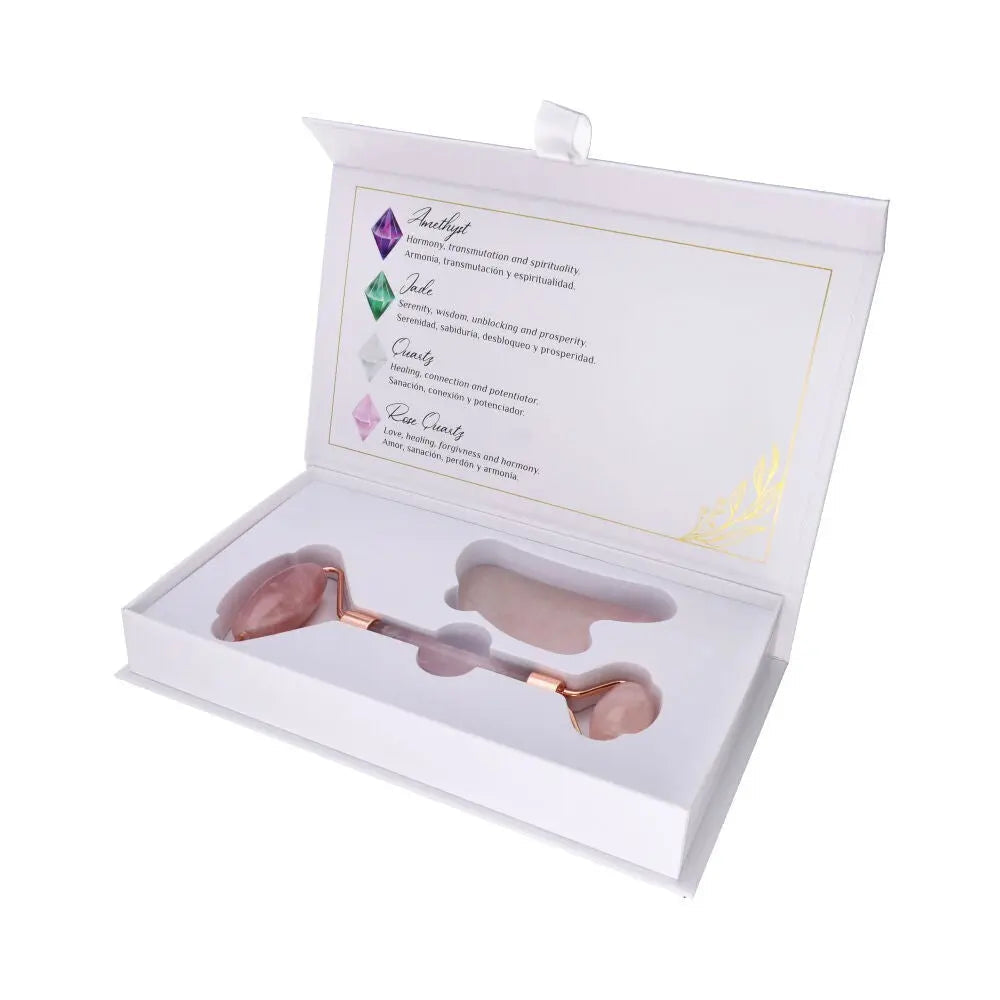 Conjunto Facial de Quartzo Rosa | Roller e Gua Sha